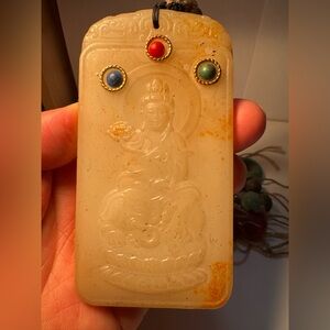 Carved White Jade Buddha Pendant with Colored Inlays